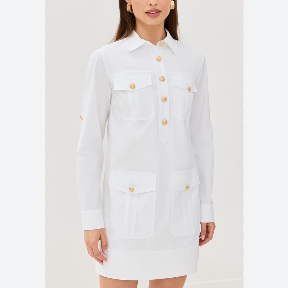 Veronica Beard White Mini Shirt Dress with Gold Buttons